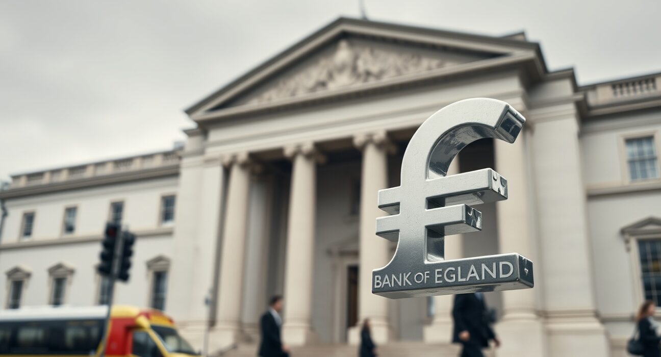 British pound symbol against Bank of England building representing GBP inflation and BoE tightening path