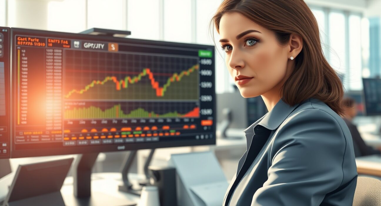 Trader analyzing GBP/JPY currency pair reaching 16-year highs on financial trading desk