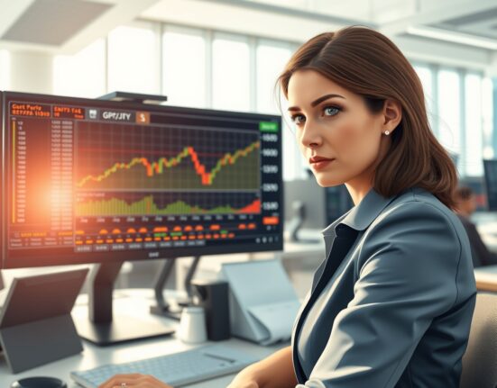 Trader analyzing GBP/JPY currency pair reaching 16-year highs on financial trading desk