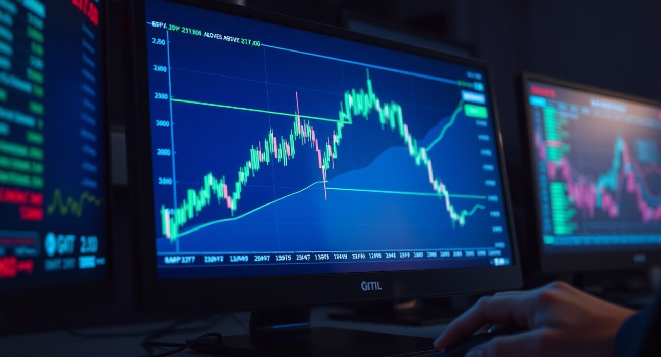 GBP/JPY candlestick chart showing rally to 18-year high above 217.00 on a trading screen.