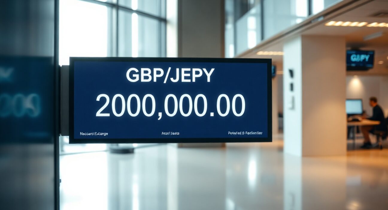 Digital trading screen showing GBP/JPY exchange rate at a multi-year high near 200.00 in a financial office.
