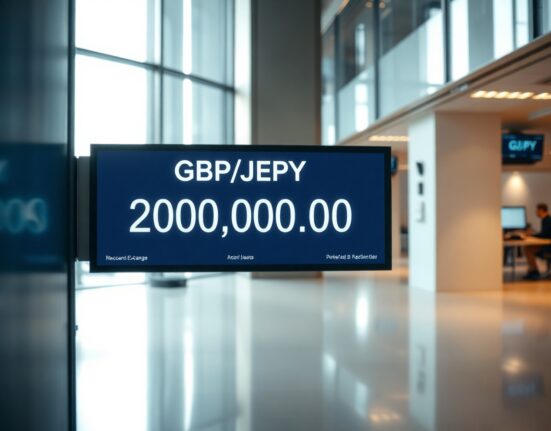 Digital trading screen showing GBP/JPY exchange rate at a multi-year high near 200.00 in a financial office.