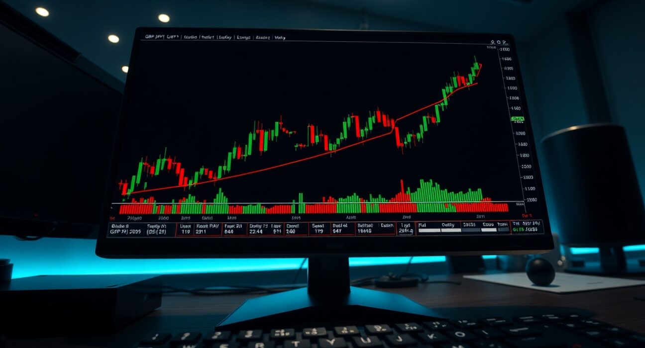 GBP/JPY forex chart showing ascending triangle pattern on trading monitor