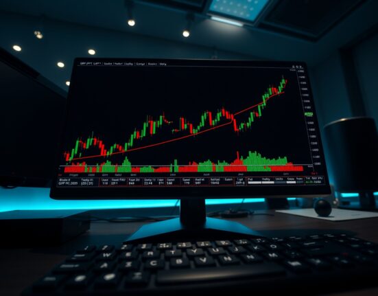 GBP/JPY forex chart showing ascending triangle pattern on trading monitor