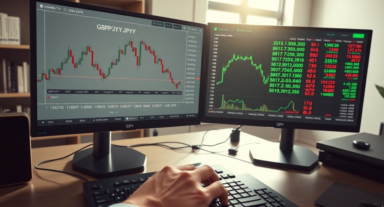 GBP/JPY trading desk analysis showing ascending triangle pattern on financial charts