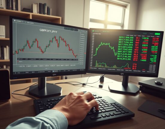 GBP/JPY trading desk analysis showing ascending triangle pattern on financial charts