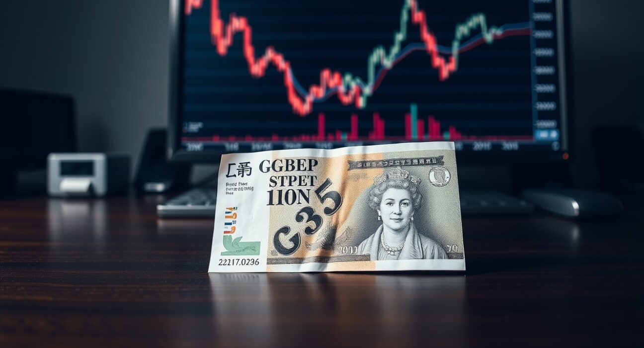 British pound and Japanese yen banknotes on desk with financial chart showing GBP/JPY decline