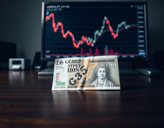 British pound and Japanese yen banknotes on desk with financial chart showing GBP/JPY decline