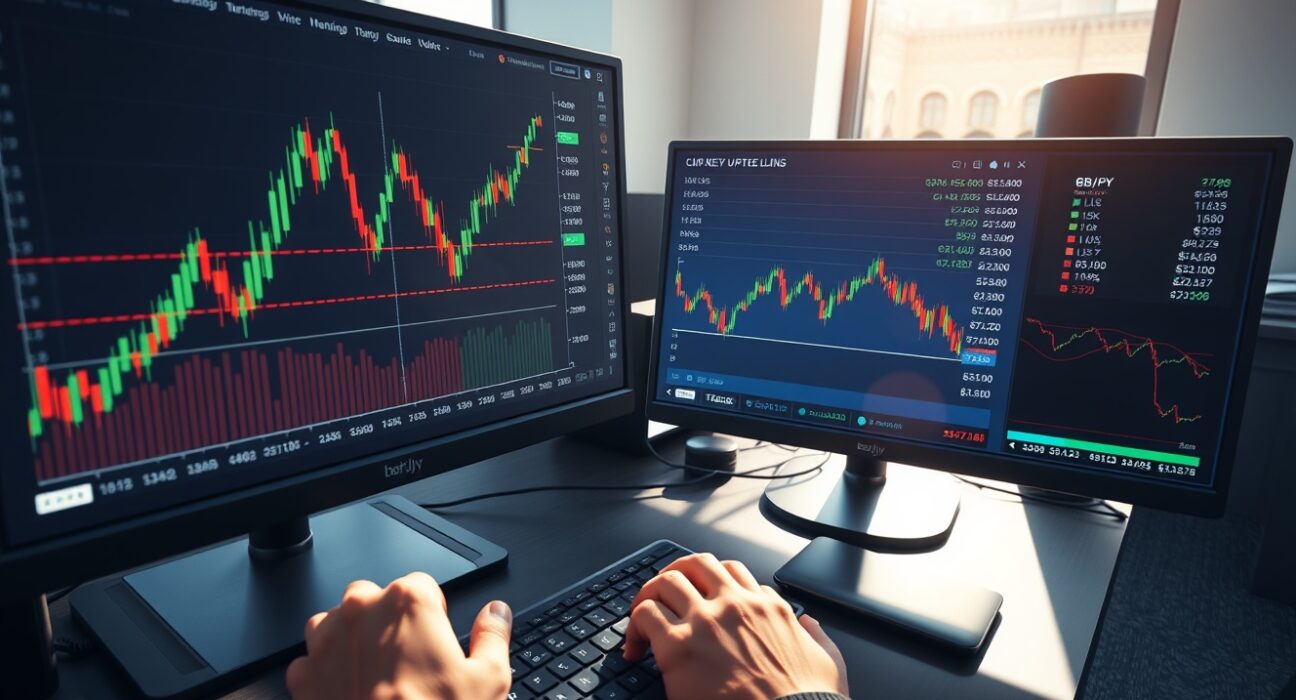 GBP/JPY forex trading analysis showing bullish breakout on professional trading desk monitors