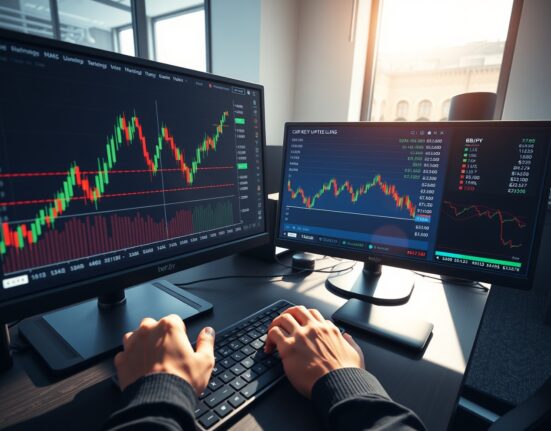 GBP/JPY forex trading analysis showing bullish breakout on professional trading desk monitors