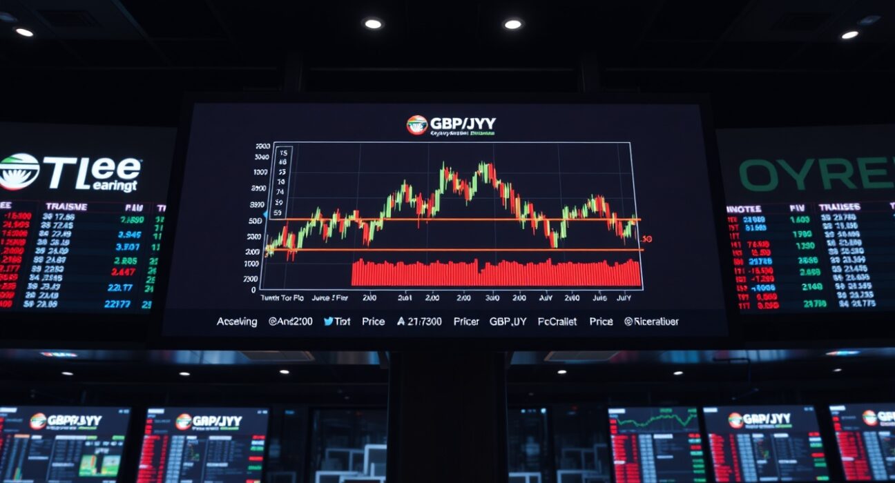 GBP/JPY candlestick chart breaking above 215.00 on a trading floor monitor