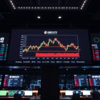 GBP/JPY candlestick chart breaking above 215.00 on a trading floor monitor