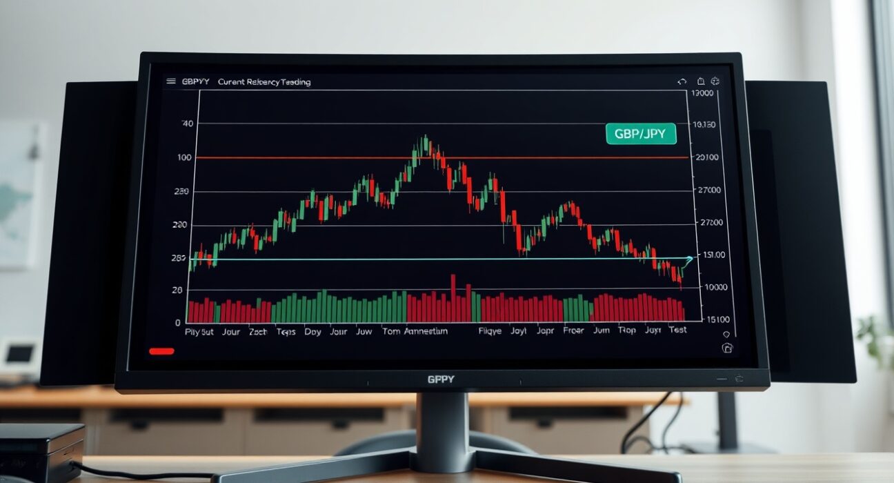 GBP/JPY consolidation chart showing momentum exhaustion near resistance levels on a trading monitor