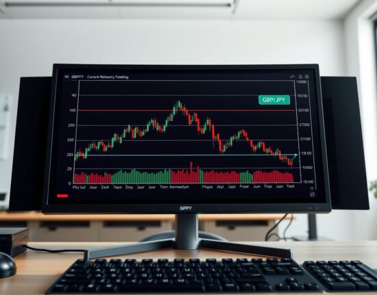GBP/JPY consolidation chart showing momentum exhaustion near resistance levels on a trading monitor