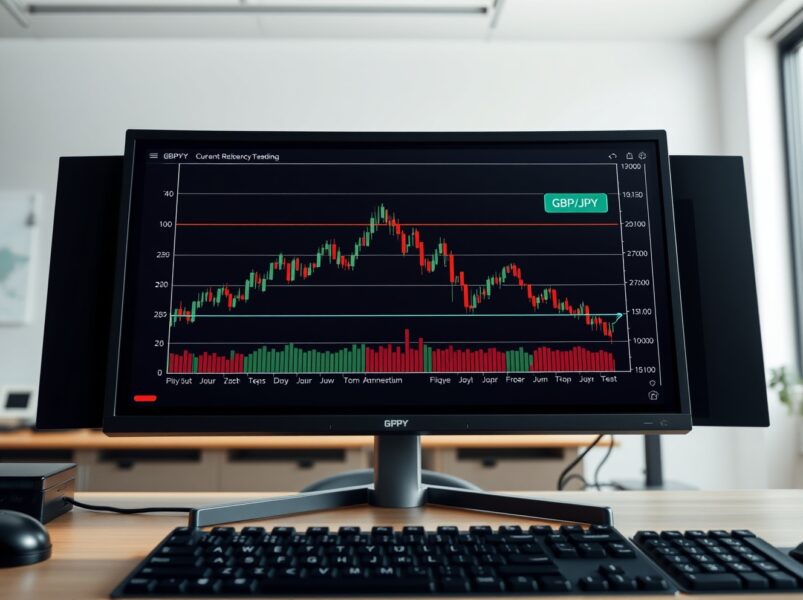 GBP/JPY consolidation chart showing momentum exhaustion near resistance levels on a trading monitor