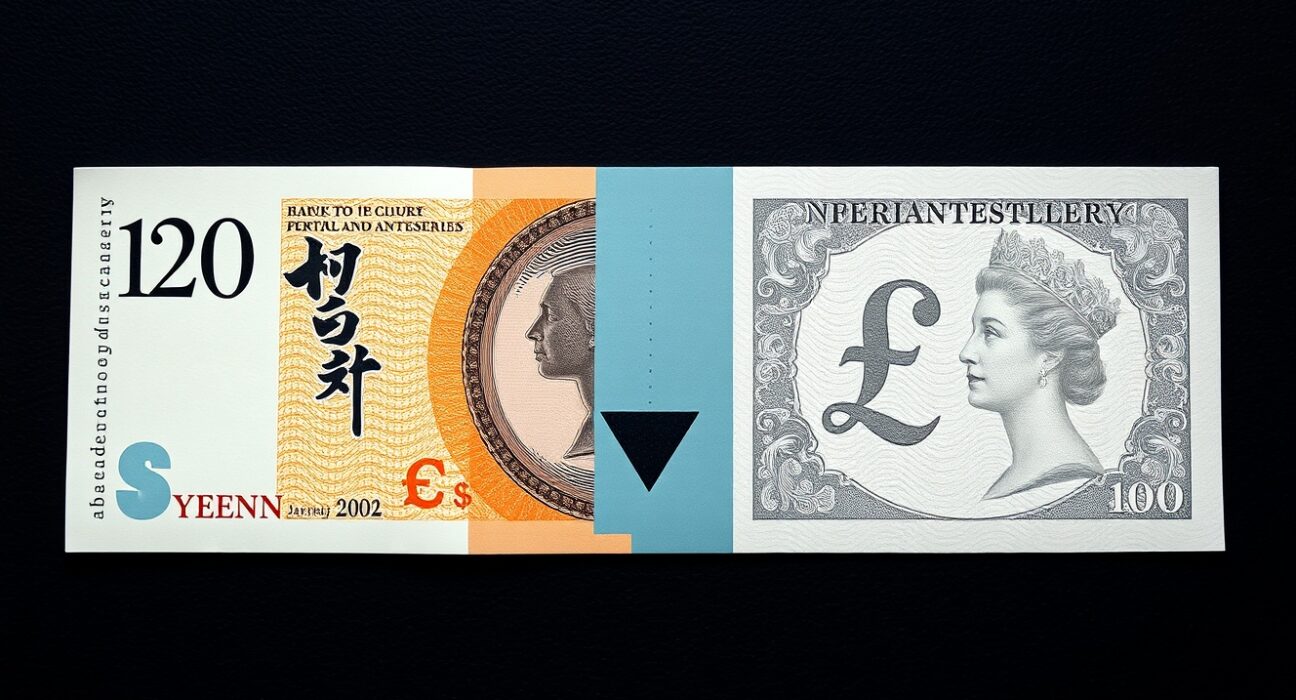 GBP/JPY declines as BoE holds rates and Yen strengthens on intervention signals, representing currency market volatility.