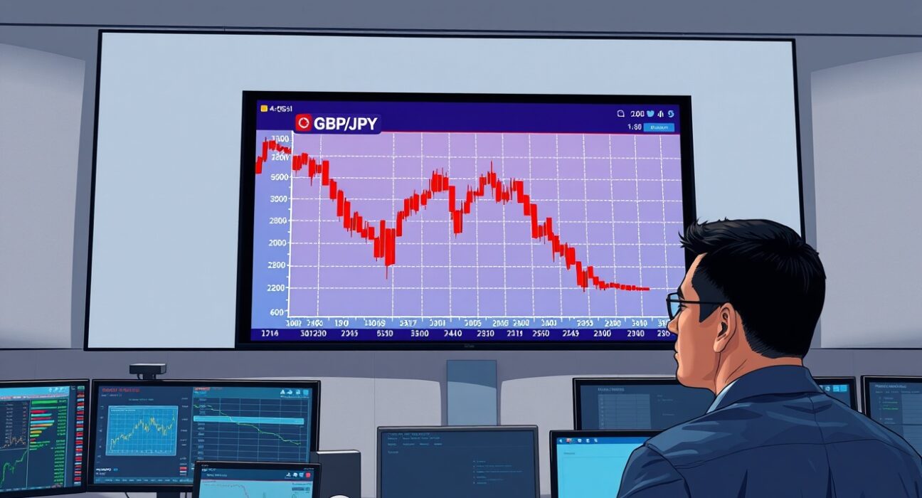 GBP/JPY forex chart showing sharp decline as trader monitors volatile currency markets.