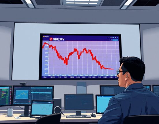 GBP/JPY forex chart showing sharp decline as trader monitors volatile currency markets.