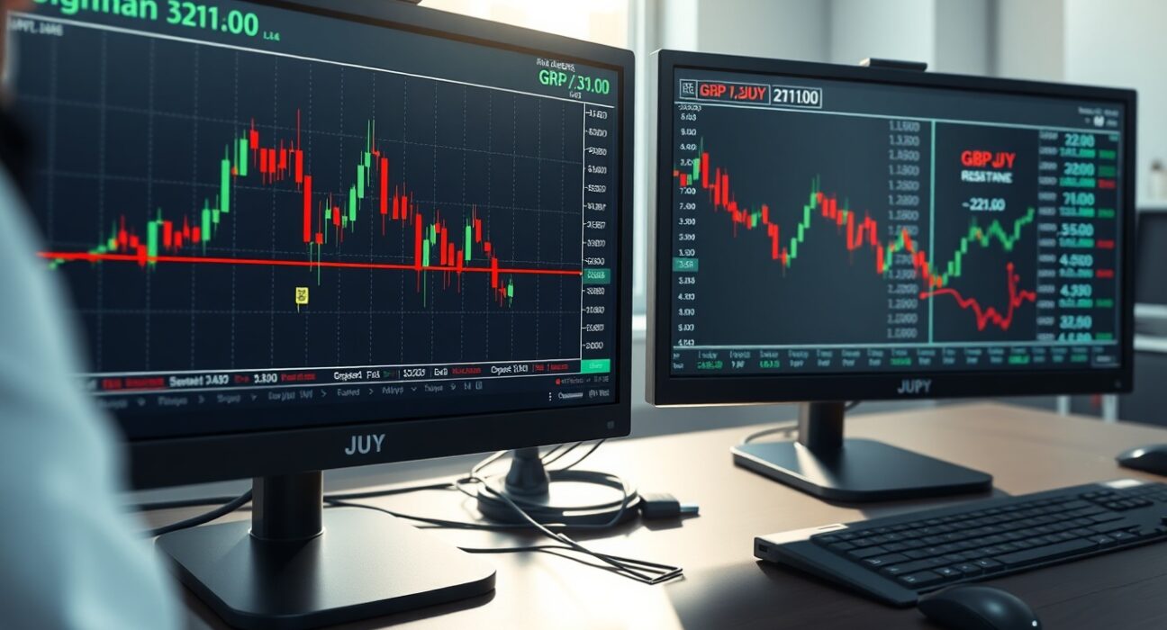 GBP/JPY forecast analysis showing trading desk with candlestick charts displaying the hanging man pattern at 211.00 resistance.