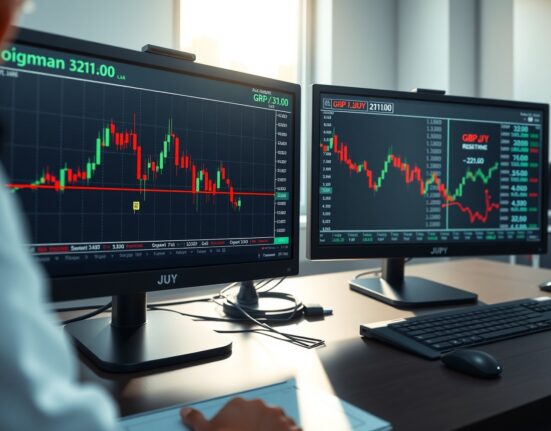 GBP/JPY forecast analysis showing trading desk with candlestick charts displaying the hanging man pattern at 211.00 resistance.