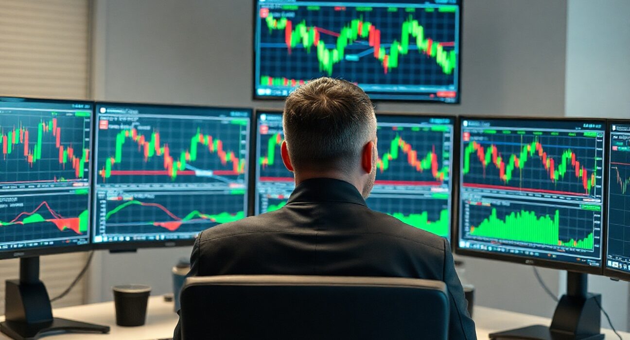 Forex trader analyzing GBP/JPY chart showing price near 214.00 level on multiple monitors