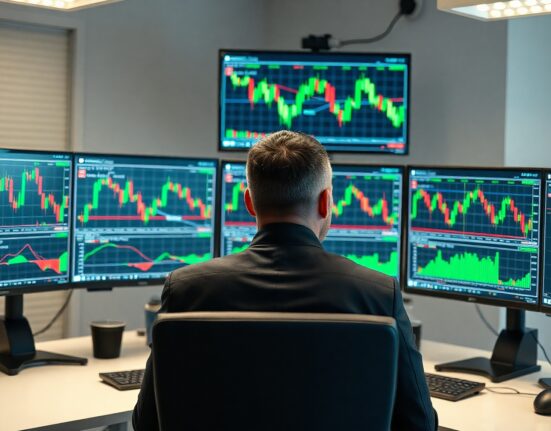 Forex trader analyzing GBP/JPY chart showing price near 214.00 level on multiple monitors