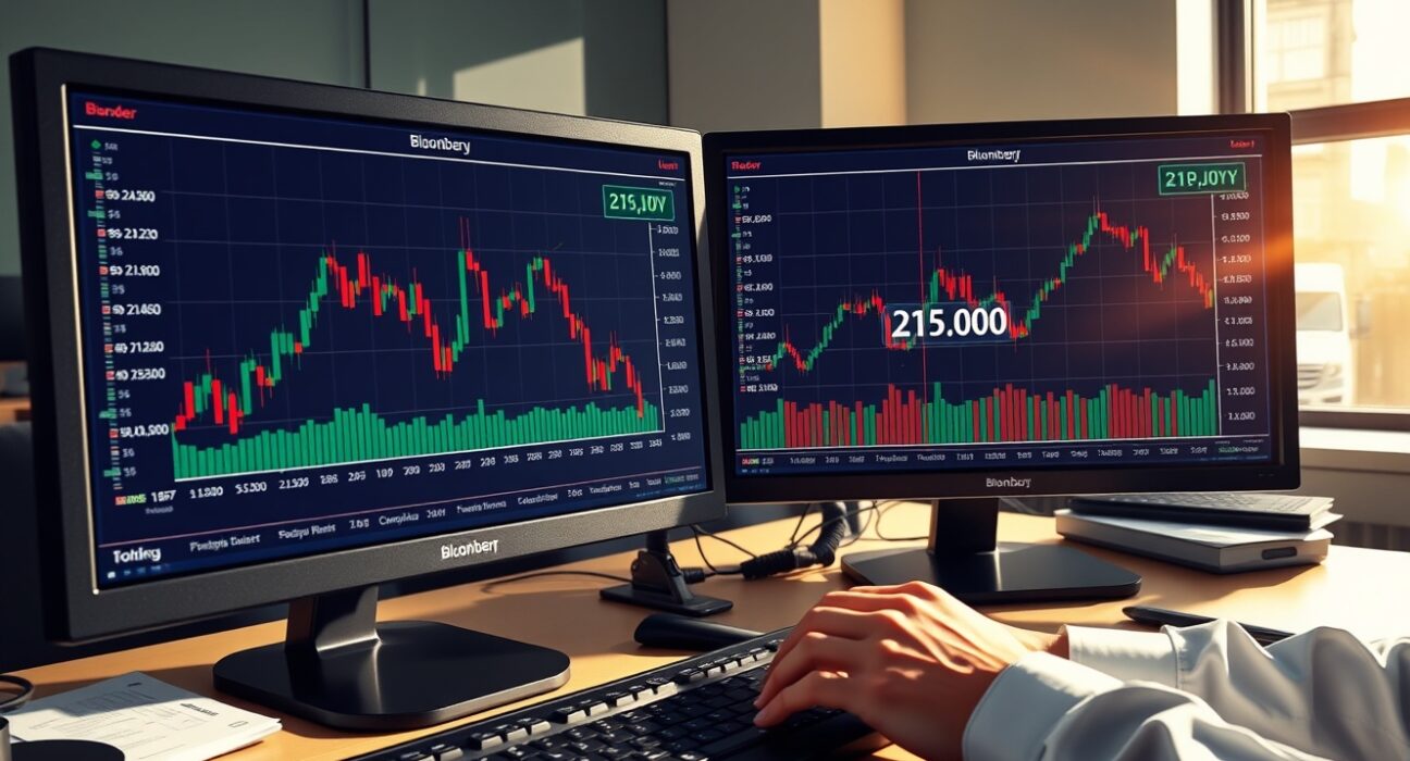 GBP/JPY currency pair analysis showing trading desk with real-time financial charts monitoring the 215.00 support level