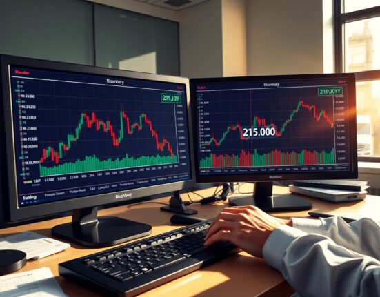 GBP/JPY currency pair analysis showing trading desk with real-time financial charts monitoring the 215.00 support level