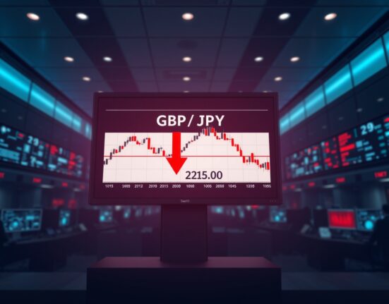 GBP/JPY chart showing sharp decline below 216.00 after Japan's Katayama intervention