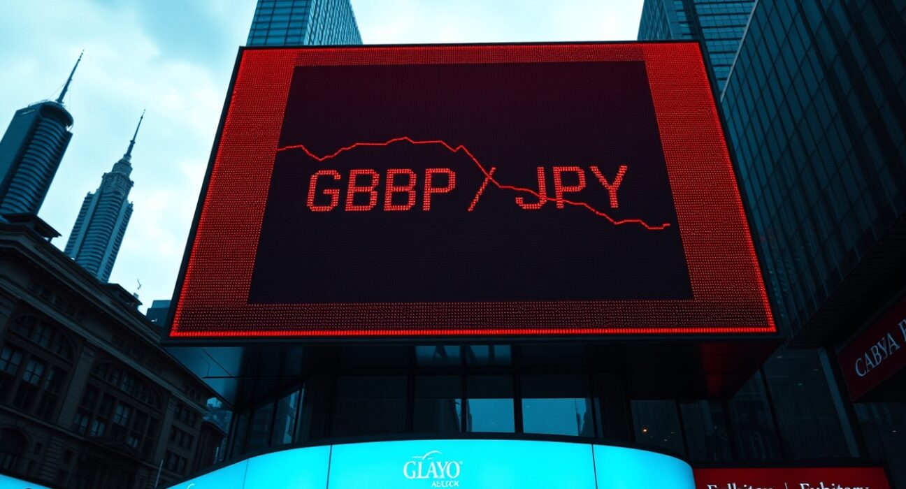 Electronic board showing GBP/JPY exchange rate declining in financial district