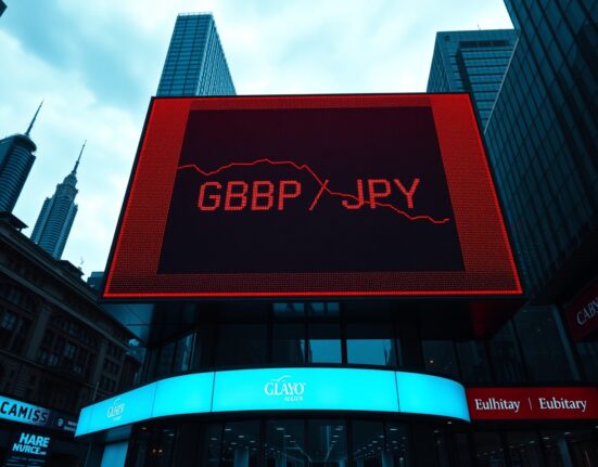 Electronic board showing GBP/JPY exchange rate declining in financial district