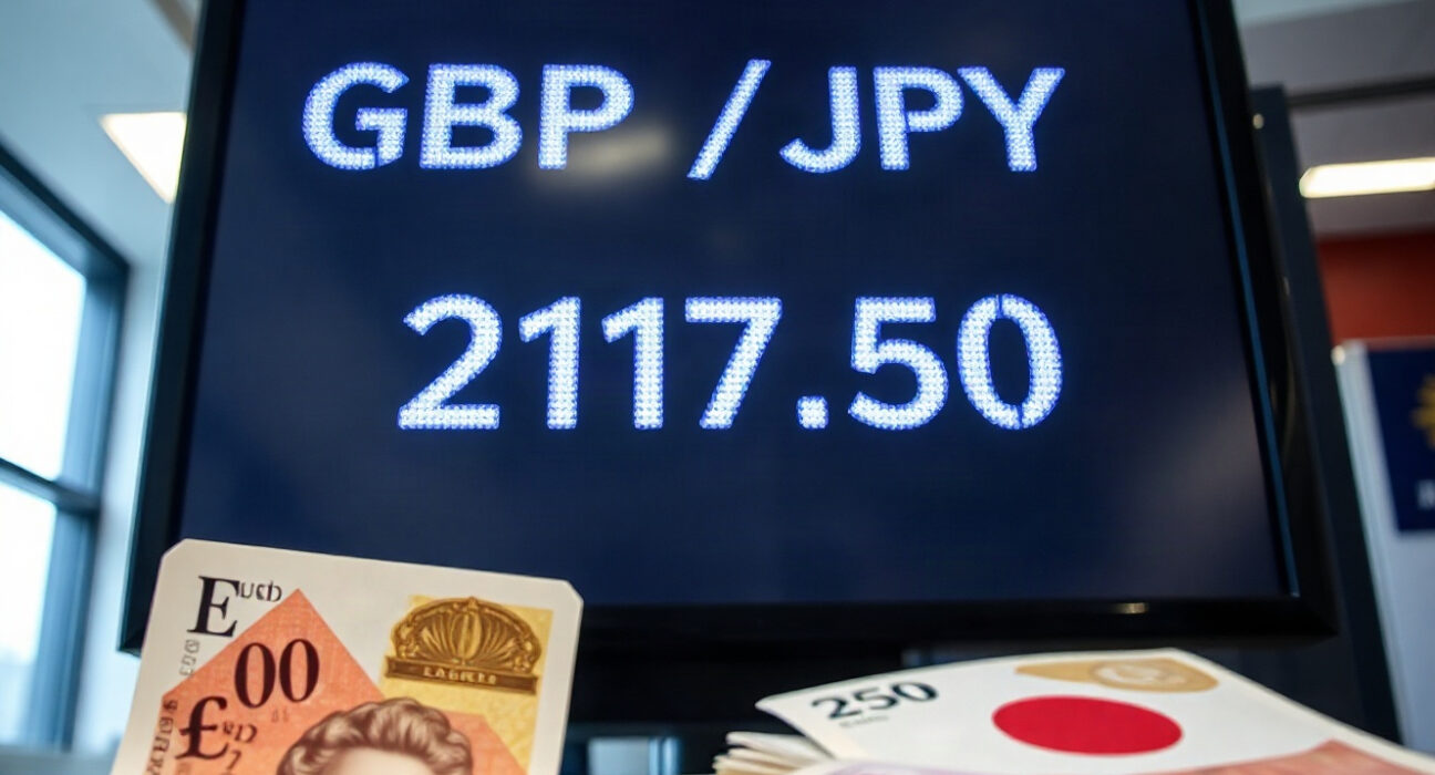 GBP/JPY exchange rate display showing monthly high around 217.50