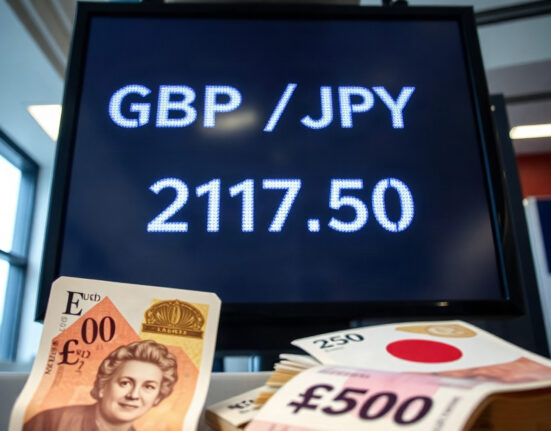 GBP/JPY exchange rate display showing monthly high around 217.50