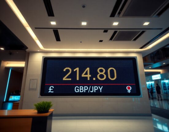 Digital trading screen showing GBP/JPY exchange rate near 214.80