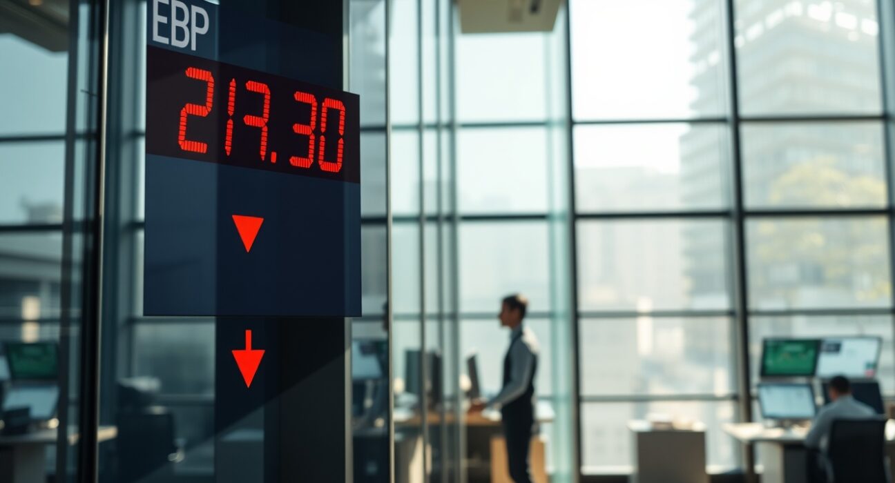 Currency exchange board showing GBP/JPY rate at 213.30 with downward trend in financial district