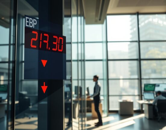 Currency exchange board showing GBP/JPY rate at 213.30 with downward trend in financial district