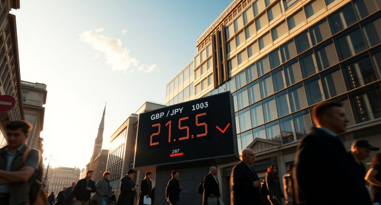 GBP/JPY currency exchange board showing rate at 215.00 after UK core CPI data release