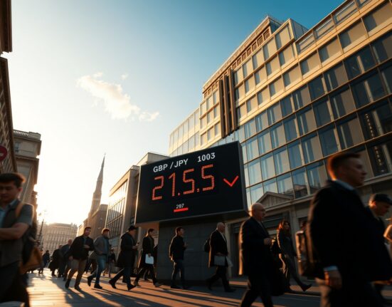 GBP/JPY currency exchange board showing rate at 215.00 after UK core CPI data release