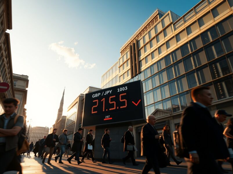 GBP/JPY currency exchange board showing rate at 215.00 after UK core CPI data release