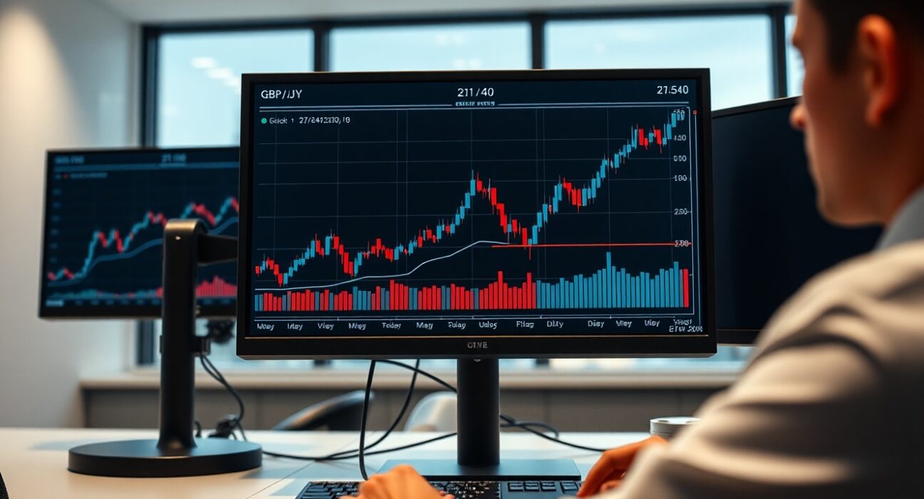GBP/JPY currency pair chart showing positive momentum near 215.40 level ahead of UK flash PMI data release.