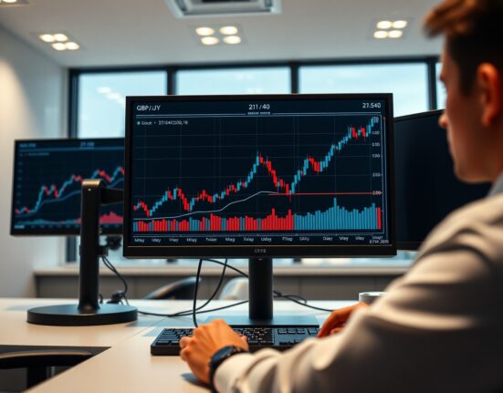 GBP/JPY currency pair chart showing positive momentum near 215.40 level ahead of UK flash PMI data release.