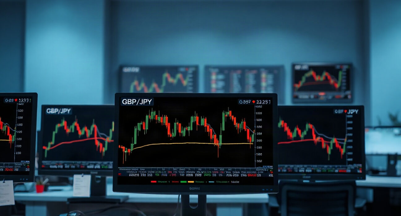 Trading monitors showing GBP/JPY charts on a financial trading floor