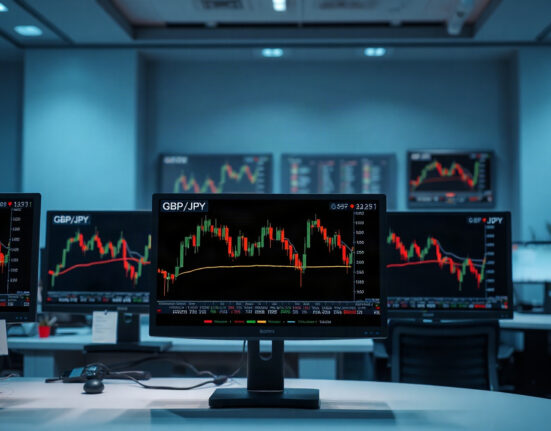 Trading monitors showing GBP/JPY charts on a financial trading floor