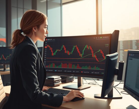 Financial analyst monitors GBP/JPY currency pair chart showing significant decline and key support levels.