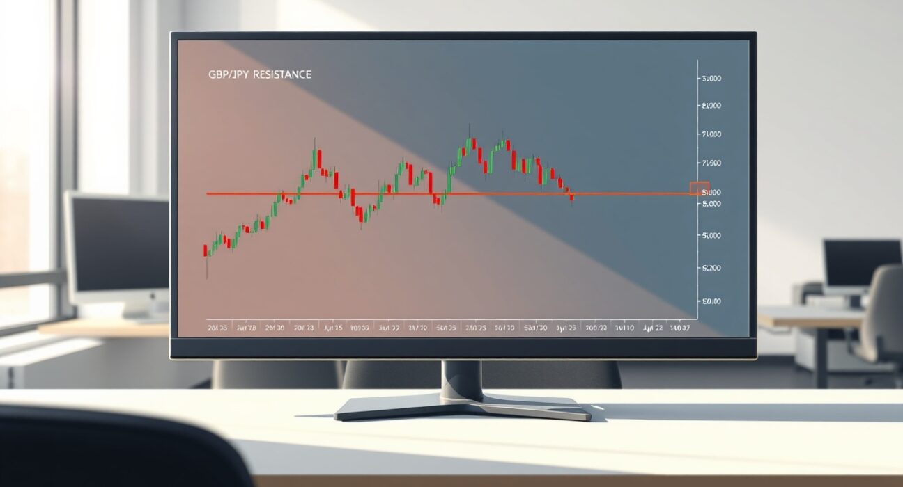 GBP/JPY price analysis showing a candlestick chart approaching a key resistance level on a trading desk monitor.