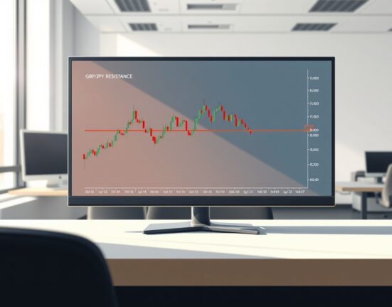 GBP/JPY price analysis showing a candlestick chart approaching a key resistance level on a trading desk monitor.