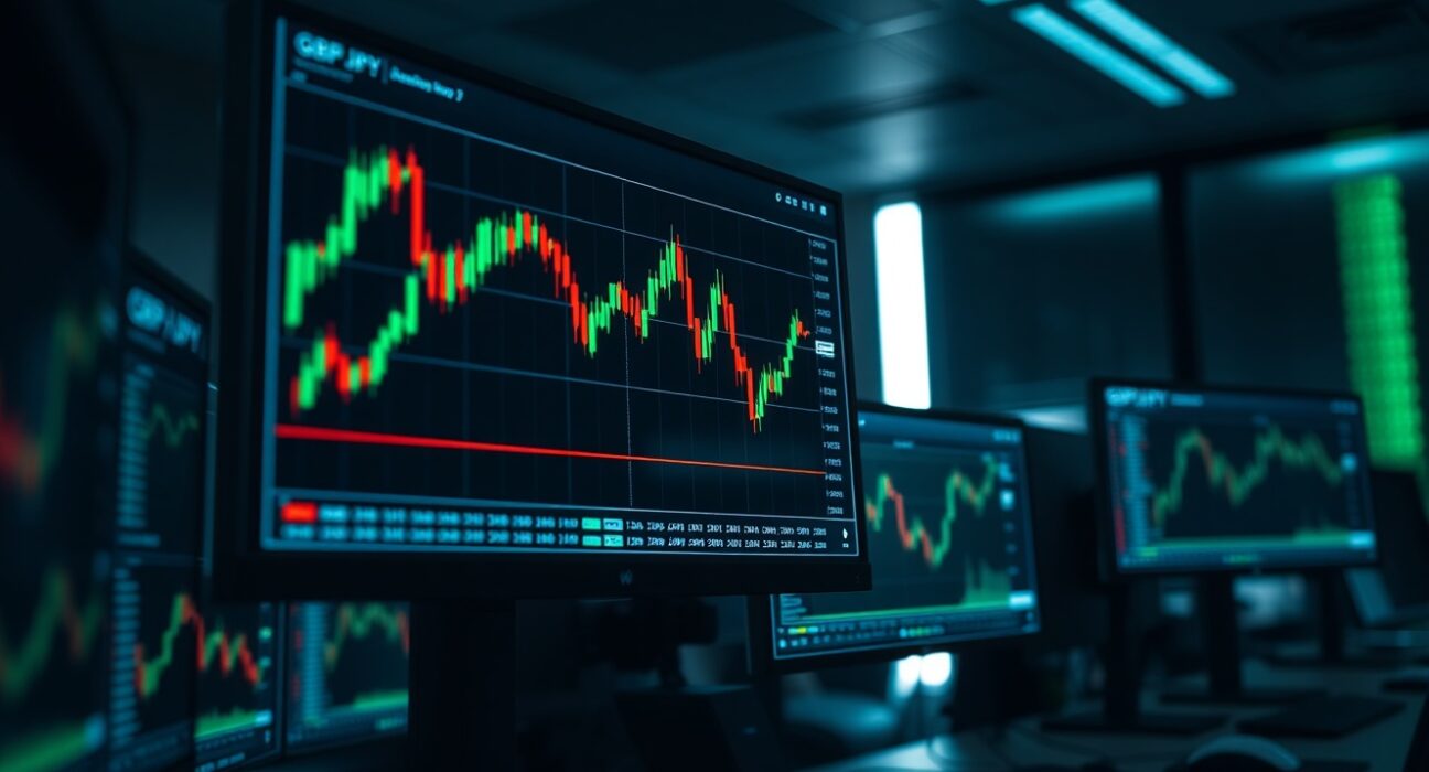 GBP/JPY candlestick chart approaching the 100-day SMA on a trading monitor in a dimly lit trading room.