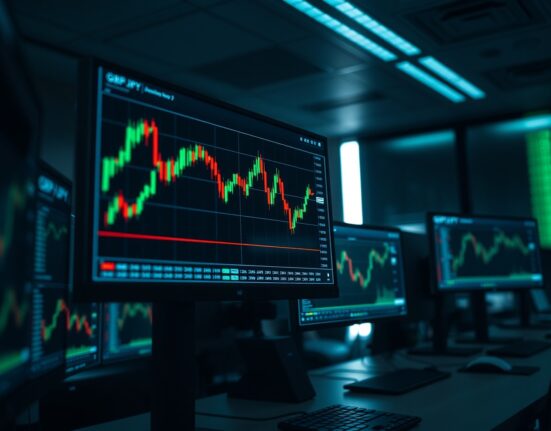 GBP/JPY candlestick chart approaching the 100-day SMA on a trading monitor in a dimly lit trading room.