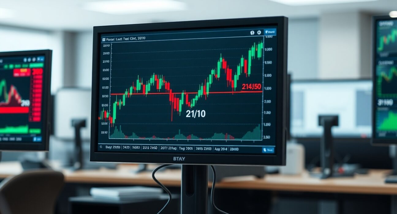GBP/JPY candlestick chart approaching 214.10 resistance level on trading monitor