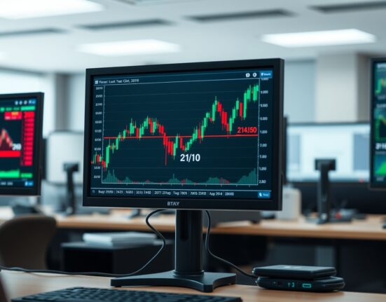 GBP/JPY candlestick chart approaching 214.10 resistance level on trading monitor